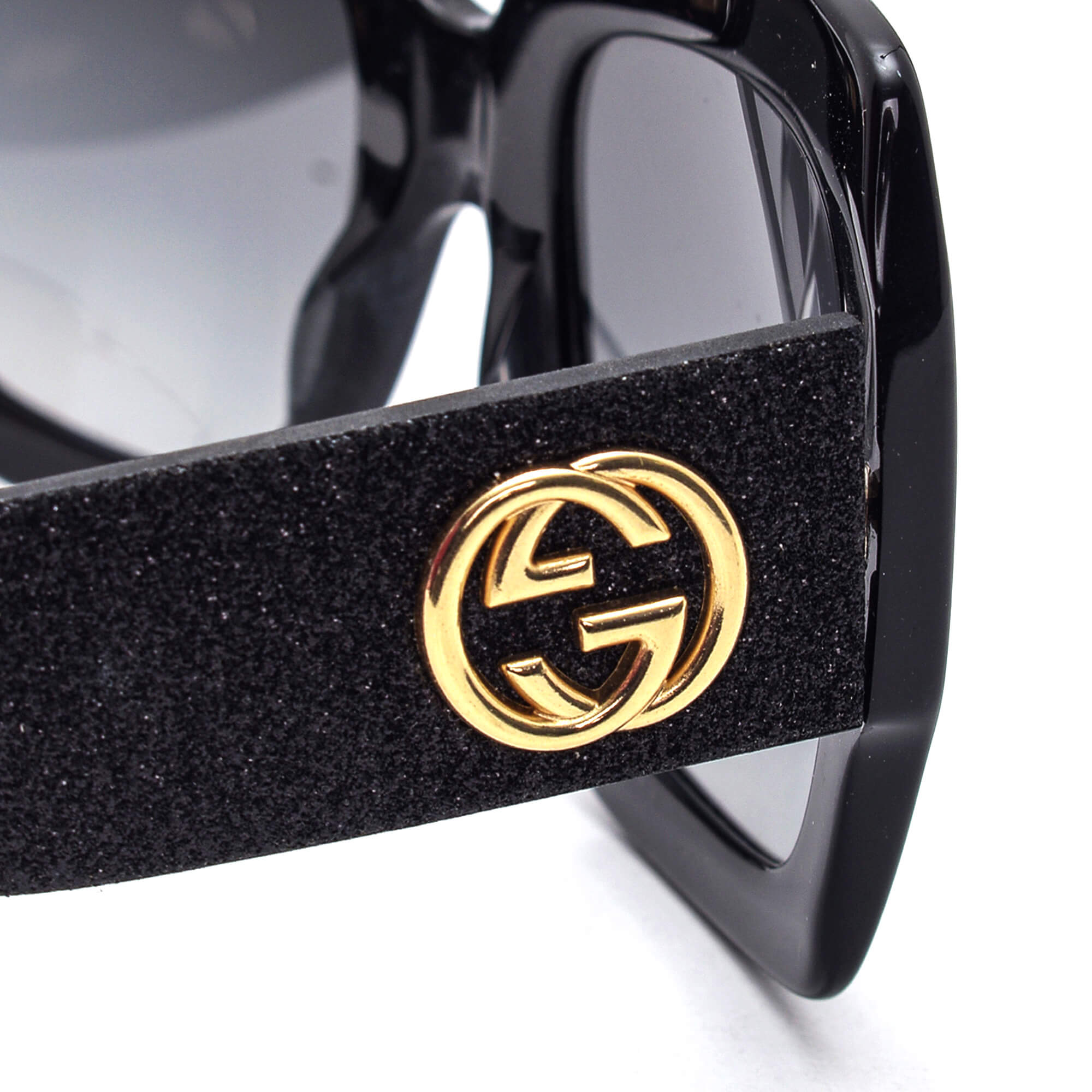 Gucci - Black Square Shiny Gold GG Sunglasses 